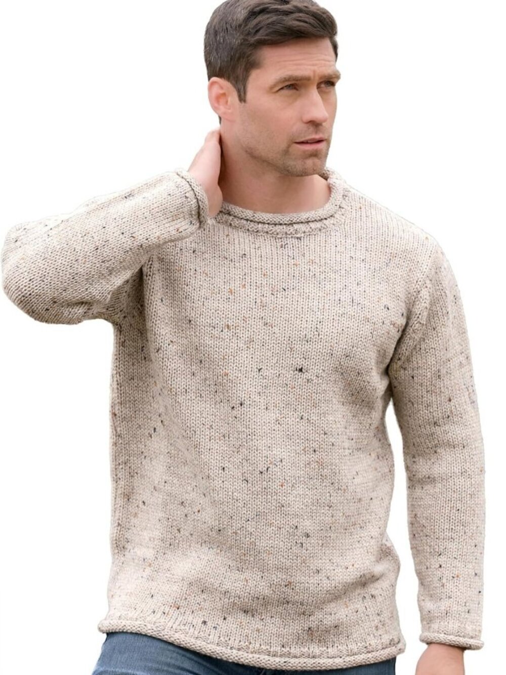 Cozy Irish Knit Wool Sweater for Men - Plain Curl Neck Design, Perfect for